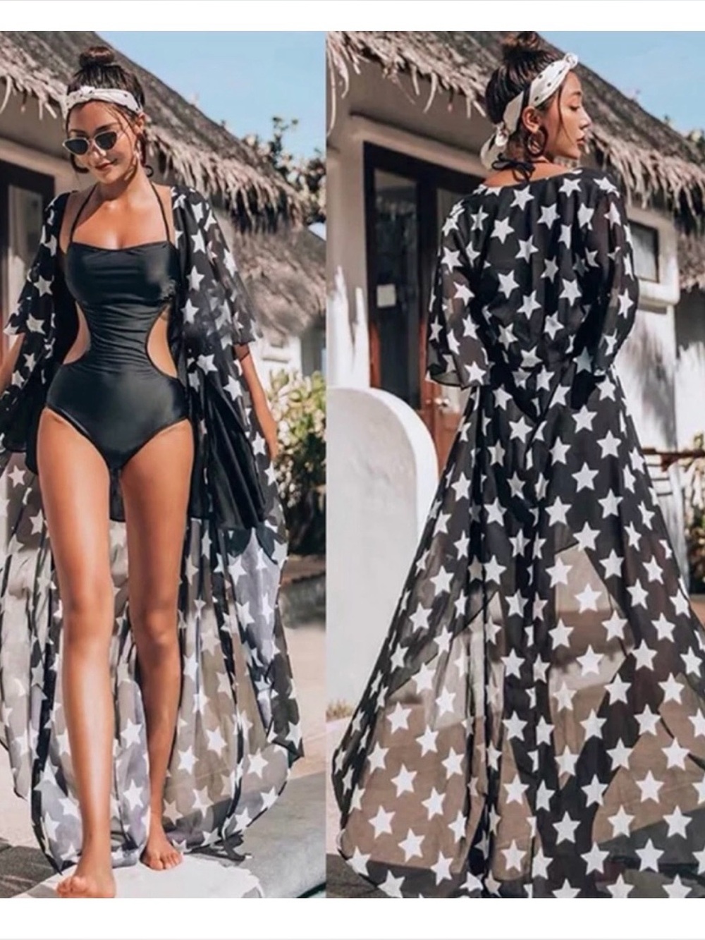 Sheer Star Print Beach/Kimono Cover-Up - Black/White one size - small-medium